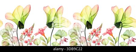 Nahtloser Rand in Aquarellen mit tropischen Blumen. Horizontale Zusammensetzung mit transparenten gelben Azaleen und Eukalyptusblättern. Botanik horizontal Stockfoto