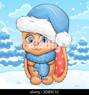 Niedlicher Karikaturhase mit Hut und Schal im Winter. Vektor-Illustration des Tieres in der Natur auf einem blauen Hintergrund mit Schnee. Stock Vektor