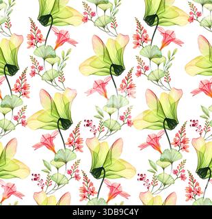 Aquarell transparente Azaleen, Freesien, Hibiskusblüten und -Blätter. Nahtloses tropisches Muster isoliert auf weiß. Botanische Illustration für die Hochzeit Stockfoto