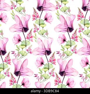 Nahtloses tropisches Muster in Wasserfarben. Transparente rosa Azaleen, Freesie, Rosenblüten und Blätter. Botanische Illustration für Hochzeitsdesign, Tapeten Stockfoto