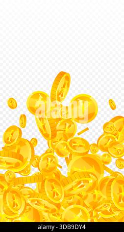 Japanische Yen-Münzen fallen. Verstreute Gold-JPY-Münzen. Japan Geld. Konzept der globalen Finanzkrise. Abbildung. Stockfoto