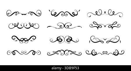 Handgezeichnete elegante, dekorative Trennwände im Vintage-Stil mit Wirbeln. Hochzeitsschmuck-Set. Kalligraphische viktorianische Grenzen mit Blüten. Schwarzes Blumenmuster Stock Vektor