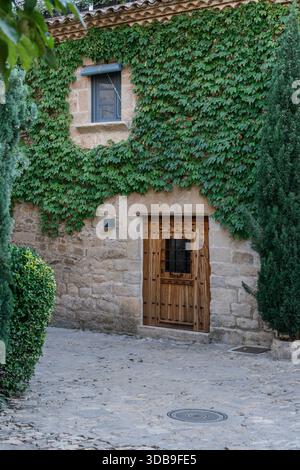 Steinhauseingang teilweise mit Efeu bedeckt auf einer Kopfsteinpflasterstraße in Peratallada, Girona, Katalonien, Spanien Stockfoto