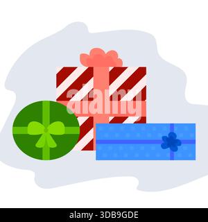 Festliche Geschenkboxen. Weihnachtsgeschenk Stapel. Schleifenband. Vektorfeier-Konzept. Stock Vektor