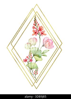 Aquarellbanner mit transparenten Blumen in einem goldenen Rahmen. Elegante vertikale Kartenschablone mit rosa Blüten und Glitzerfolie. Handgezeichnet Stockfoto