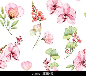 Nahtloses Blumenmuster mit RosenOrchideen in Aquarellfarben. Transparente rosa Blüten, Gingko hinterlässt tropische Farben. Isolierter, handgezeichneter Hintergrund für Stockfoto