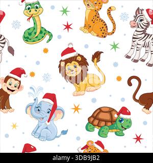 Dschungeltiere im Weihnachtsmann-Hut, Schlange, Panther, Elefant, Affe, zebra, Löwe Stock Vektor