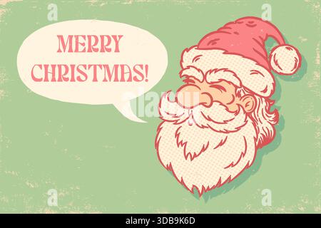 Vektor-Vintage-Illustration des Weihnachtsmanns mit Sprechblase. Retro-Poster mit Weihnachtsmann zu Weihnachten. Stock Vektor