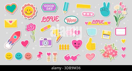 Süße und lustige Emoji-Aufkleber. Stimmungs- und Emotionskomic-Formen. Trendige coole und flache Retro-Sticker-Design groovige Zeichentrickillustrationen. Stock Vektor