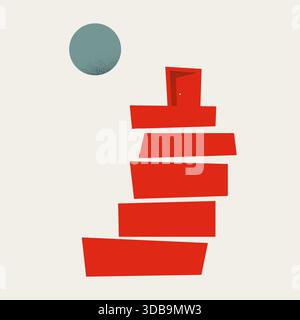 Die rote Treppe führt zu einer surrealen minimalistischen Illustration der offenen Tür Stock Vektor