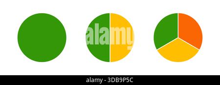 Infografik mit mehrfarbigen Diagrammen. Kreisschnittdiagramm. Die Räder sind in Abschnitte unterteilt. Bunte Rundkarten, Segmentierungen von 1 bis 3 gleich Stock Vektor