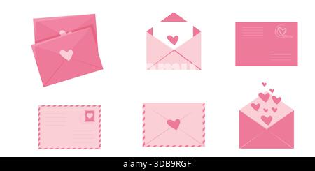 Umschlag Liebesbriefe mit Herzen, süße rosa romantische Post mit Stempel, Flugpost, Postkarte. Dekorationselemente für Hochzeit und Valentinstag. Vektorabbildung Stock Vektor