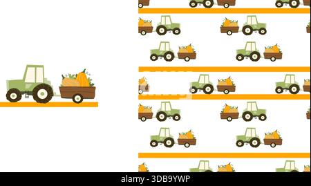 Satz Bauernhof-Muster mit niedlichem Traktor. Vektor lustiger Druck für Kinderkleidung, Tapeten. Grüner Traktor mit Kürbisernte in Zeichentrickkritzel Stock Vektor