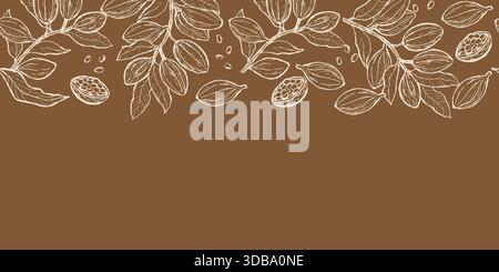 Kakaozweige und Schoten in linearer Gravur für Lebensmittelhintergründe. Nahtloser Blumenrand auf braunem Hintergrund. Schokoladen- oder Kakaodesign. Stock Vektor