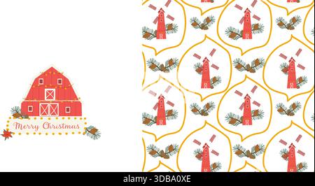 Rotes Bauernhaus mit weihnachtsbaumpflanzen und Etikett und Muster-Set. Nahtloses Coquette-Vintage-Muster mit Windmühle und Tannenzweigen. Weihnachten moderner Druck, Cottage Decore Vektor Illustration. Stock Vektor