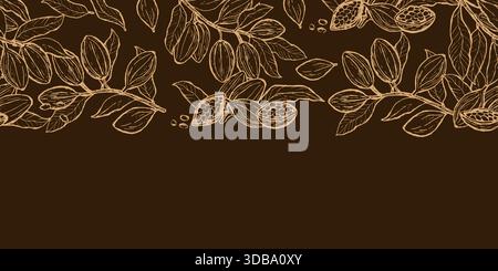 Handgezeichneter Kakaozweig für Lebensmittelschokolade, Bio-Kakao-Hintergründe. Goldene Kakaopflanze, Früchte, Schoten, Blätter und Samen auf braunem Hintergrund. Vektorabbildung im Skizzenstil. Stock Vektor