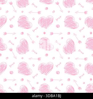 Nahtloses Muster aus rosa Herzen mit einem Liebesbrief und einem Pfeil auf weißem Hintergrund. Niedlicher romantischer Hintergrund zum Valentinstag. Handgezeichnetes Muster für Gewebe und Geschenkpapier Stock Vektor