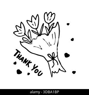 Vielen Dank mit einer Zeichnung eines Blumenstraußes und eines Herzens. Designelement für eine Valentinstag-Grußkarte. Handgezeichnetes Umrissdesign für das Konzept „Dankeschön“. Stock Vektor