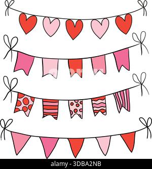 Niedliches handgezeichnetes Bündel mit Herzen und Dreiecken in roten und rosa Farben für Valentinstag, Geburtstag und Babyduschen Stock Vektor