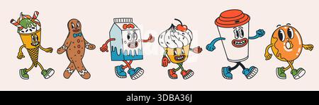 Groovige Speisen- und Kaffeefiguren im Retro-Cartoon-Stil mit Wandereis, Lebkuchen, Milchbox, Cupcake, Kaffeetasse und Donut. Lustiger Vintage Stock Vektor