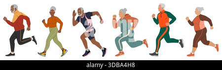 Set aus verschiedenen älteren Männern und Frauen, die Joggen Stock Vektor