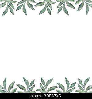 Quadratischer Rahmen aus Pfingstrosenblättern mit tropischem Flair. Handgemalte Aquarellillustration isoliert auf weiß für Druck, Branding, Einladungen Stockfoto