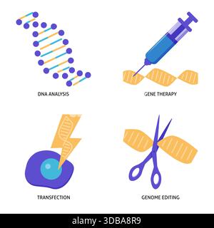 Flaches Symbolset für Genforschung und Biotechnologie. Vektorabbildung. Stock Vektor