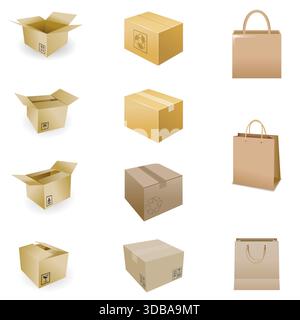 Brauner Karton realistisches Modell der Lieferpakete Vektordesign. Offene und geschlossene Kartonpakete, leere Versand- oder Lagerverpackungsbehälter Stock Vektor