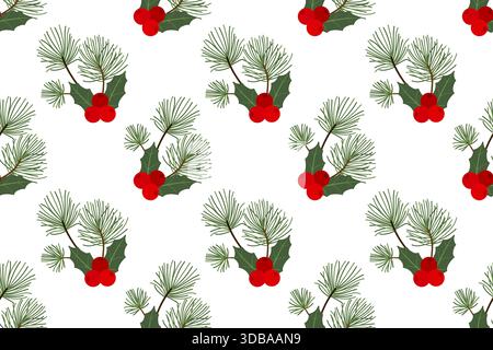 Festliches Weihnachtsmuster mit Tannenzweigen und stechpalme. Buntes Ornament mit grünen Pflanzen und roten Beeren. Stock Vektor