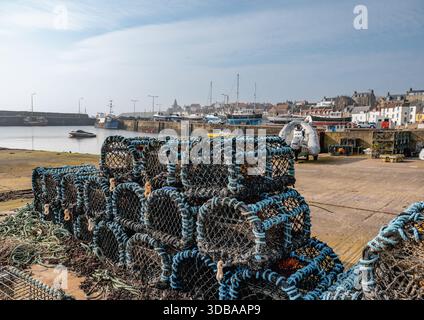 Gestapelte Hummertöpfe am Hafen von St Monans, Fife, Schottland, mit Fischerbooten und Gebäuden an der Küste im Hintergrund Stockfoto