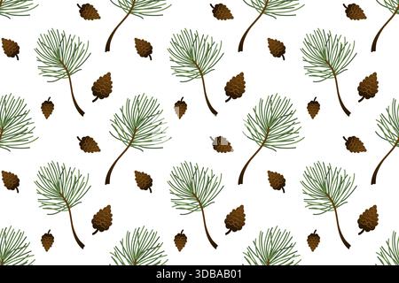 Nahtloses Muster von Tannenzweigen und Tannenzapfen. Farbenfrohe Verzierung mit Evergreens. Stock Vektor