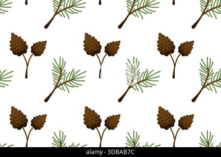 Nahtloses Muster von Tannenzweigen und Tannenzapfen. Farbenfrohe, flache Verzierung mit immergrünen Elementen. Stock Vektor