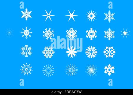 Weihnachtlicher blauer Hintergrund mit Schneeflocken. Isolierte Schneeflocken-Kollektion. Stock Vektor