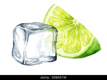 Frische ZitrusLimette und Eiswürfel, Kristalleiblöcke. Handgezeichnete Aquarellillustration isoliert auf weißem Hintergrund Stockfoto