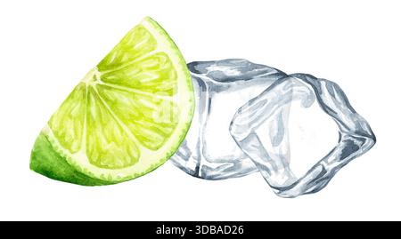 Frische ZitrusLimette und Eiswürfel, Kristalleiblöcke. Handgezeichnete Aquarellillustration, isoliert auf weißem Hintergrund Stockfoto
