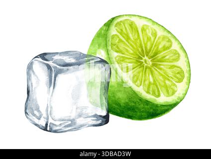 Frische ZitrusLimette und Eiswürfel, Kristalleiblöcke. Handgemalte Aquarellabbildung isoliert auf weißem Hintergrund Stockfoto