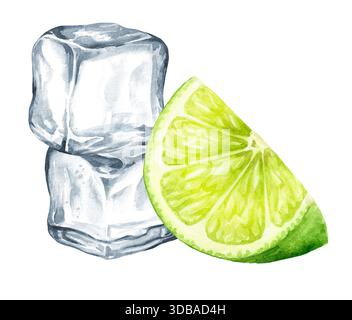 Frische ZitrusLimette und Eiswürfel, Kristalleiblöcke. Handgemalte Aquarellillustration, isoliert auf weißem Hintergrund Stockfoto