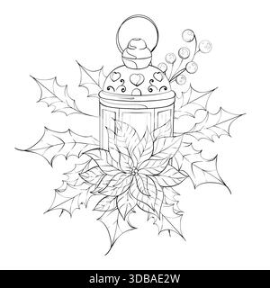 Dekorative Laterne mit Stechpalme und Weihnachtsstern festliches Winterdesign für Malprojekte oder künstlerische Projekte mit komplizierten Details geeignet für Stock Vektor