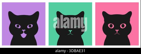 Karikaturen, die schwarze Katzen mit unterschiedlichen Emotionen sehen. Neugierige Katzen, die Ausschau halten. Niedliches schwarzes Katzengesicht. Vektorabbildung Stock Vektor