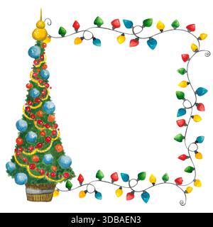 Weihnachtskomposition, Rahmen mit Baum und Girlande. Handgezeichnete Aquarellillustration, Zeichentrick. Feiertag, Neujahr, Weihnachten, Winter, Komfort Stockfoto