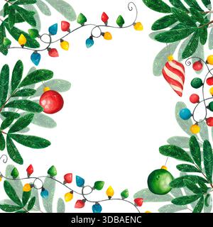 Handgezeichnete Aquarellillustration. Festlich, Silvesterkarte, Rahmen. Feiertag, Neujahr, weihnachten, Winter, Tannenzweig, Kiefernnadeln, weihnachtsbaum Stockfoto
