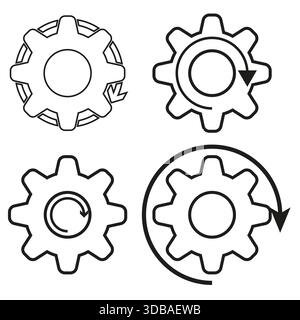 Konturen des Zahnrads. Pfeilsymbole verarbeiten. Konfigurationsvektorelemente. Symbolgruppe für dünne Linien. EPS 10. Stock Vektor