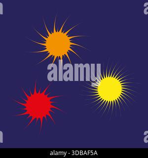 Sonnenstrahlen. Scharfe Stachelformen. Gelb-roter Vektorsatz. Dunkelblauer Hintergrund. EPS 10. Stock Vektor