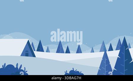 Illustration der Winterlandschaft mit einer Hütte und Kiefern, perfekt für saisonale Designs, Weihnachts- und Dezember-Veranstaltungen. Stock Vektor