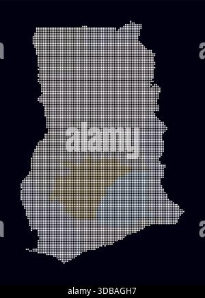 Ghana gepunktete Karte. Digitale Landkarte des Landes auf dunklem Hintergrund. Ghana-Form mit kreisförmigen Punkten. Farbige Punkte. Kleine Kreise. Stock Vektor