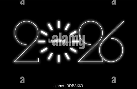 2026 Happy New Year, weiße Ladestange. Leuchtendes Neonsymbol zum Laden von Ladegeräten. Digitaluhr. Ziffern des Computernetzwerks. Vektorabbildung isolierte Grafik Stock Vektor