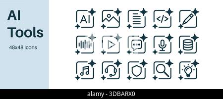 Satz von KI-Tools-Symbolen zum Generieren von Bildern, Videos, Code, Musik, Text, und Daten, auch KI für Forschung, Cybersicherheit und autonome KI-Agenten. Stock Vektor