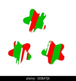 Handgezeichnete Weihnachtssternformen isoliert auf weißem Hintergrund, rot und grün gestreifte Feiertagselemente. Dekorative festliche Sterne für das Winterdesign Stockfoto