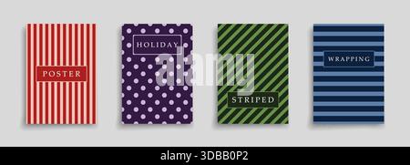 Sammlung von farbigen Urlaubspostern. Vektor festliche, gepunktete und gestreifte minimalistische Plakate, Broschüren, Banner, Hintergründe, Karten. Einfache Mode Stock Vektor