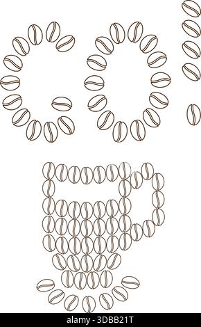 Die Stilform Kaffeetasse und Buchstaben SIND mit einem Ausrufezeichen aus dem Outline Coffee Beans Logo versehen. Isolierte Vektor-Illustration Aufkleber Icon Kaffee thematisierte Karten Promo Poster, Banner, Faltblatt, Etikett Stock Vektor